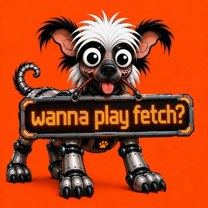 Fetch the digital dog holding a sign that says wanna play fetch